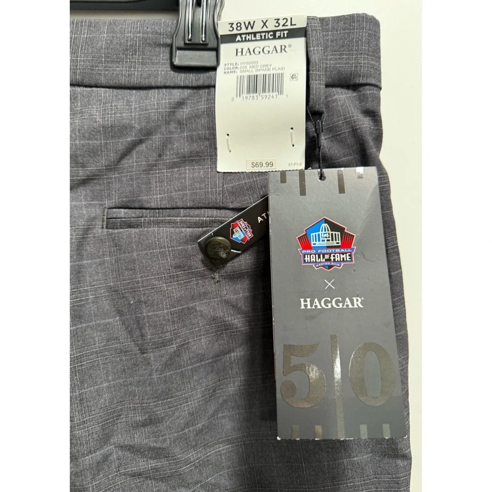 Haggar Pro Football Hall of Fame Mens Athletic Fit Suit Pants Grey Plaid 38x32